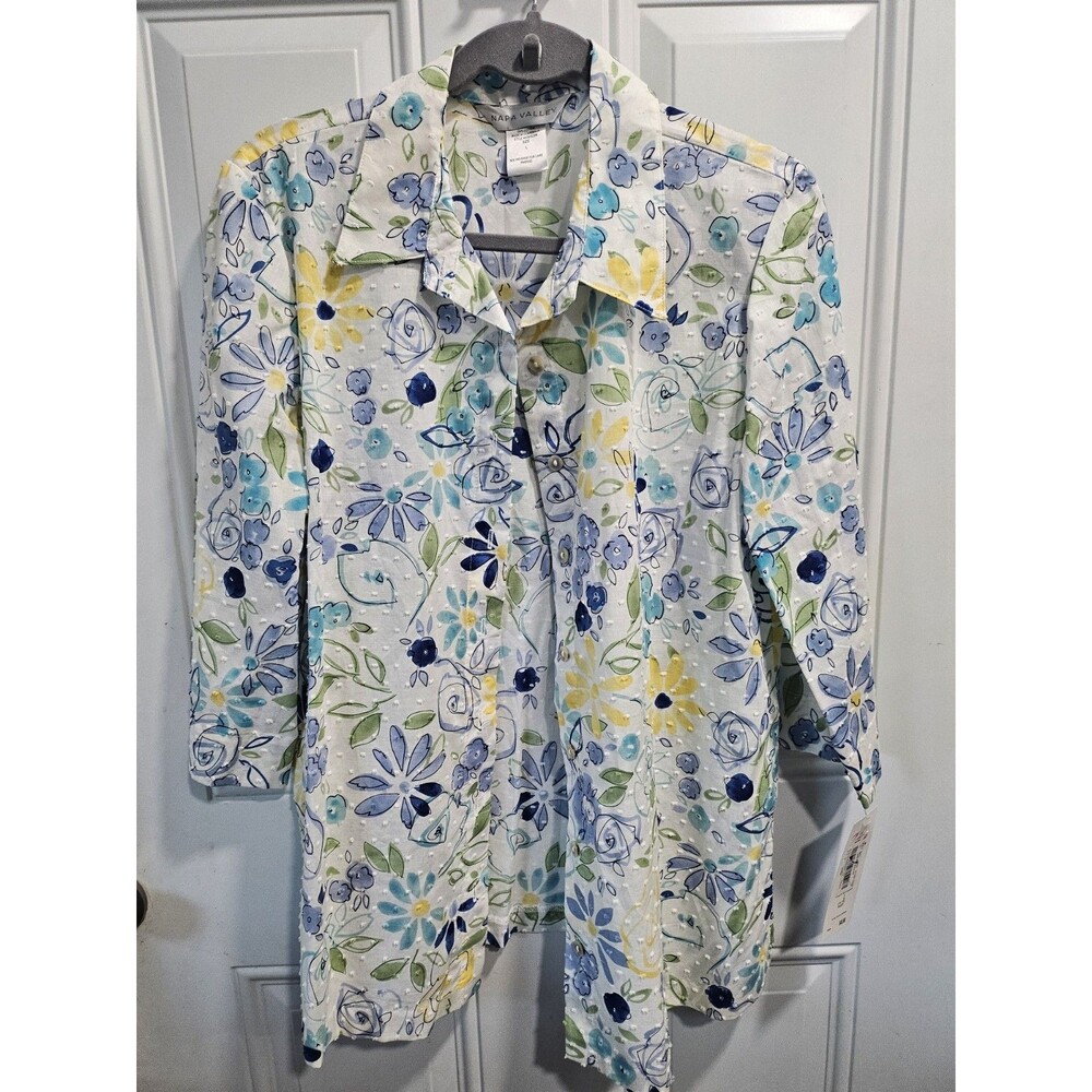 Napa Valley Floral Print 3D Blouse Short Sleeve, Button-Front, Size L 14-16 NWT